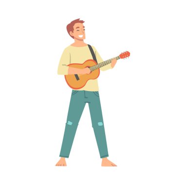 Yalınayak Gülümseyen Adam Karakteri Müzisyen Sahne Müziği Gitar Vector Illustration
