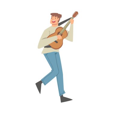 Gülümseyen Adam Karakteri Müzisyen Sahne Müziği Gitar Çalıyor ve Şarkı Söyleyen Vektör İllüzyonu