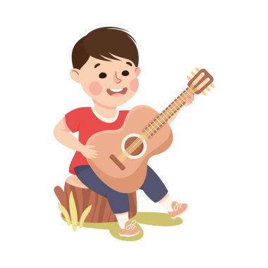 Ağaç kütüğünde oturan ve Gitar Vektörü İllüstrasyonu oynayan küçük çocuk.