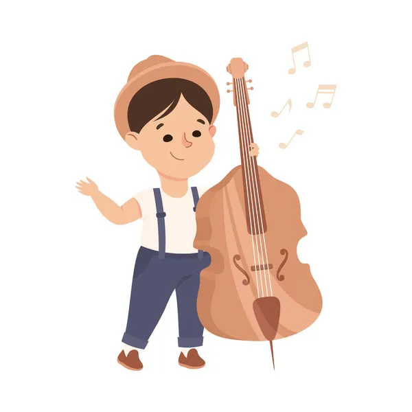 Смішний хлопчик грає на віолончелі або на віолончелі Музичний інструмент Виконання на сцені Векторна ілюстрація — стоковий вектор