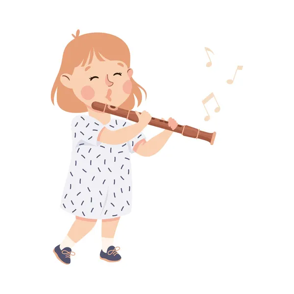 Rolig flicka som spelar flöjt Musikinstrument som uppträder på scenen vektor Illustration — Stock vektor
