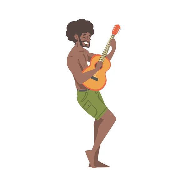Barefoot Smiling Man Character Musician Performing Music Playing Guitar Vector Illustration — 스톡 벡터