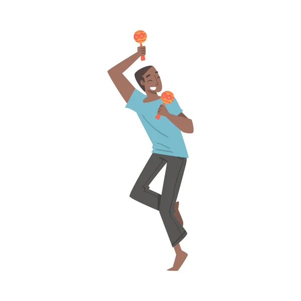 Barefoot Smiling Man Character Musician Performing Music Playing Maraca and Dancing Vector Illustration — 스톡 벡터