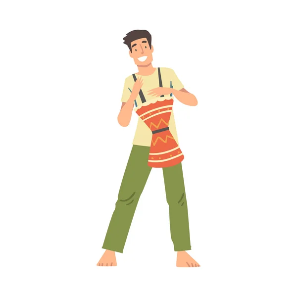 Barefoot Smiling Man Character Musician Performing Music Playing Drum Vector Illustration — 스톡 벡터