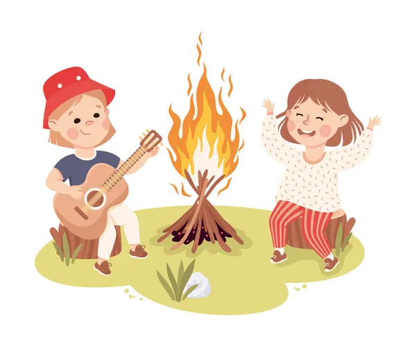 Little Girl Sitting on Tree Stump Near Campfire Playing Guitar and Singing Vector Illustration — Stock Vector