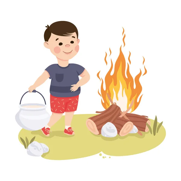 Little Boy Near Campfire Carrying Cauldron with Water Vector Illustration — Stock Vector