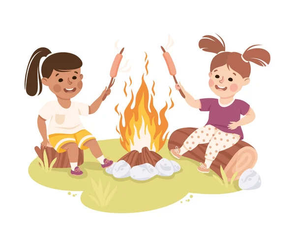 Little Girl Sitting on Log Near Campfire Frying Sausage Vector Illustration — Stock Vector