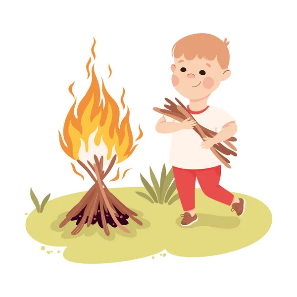 Little Boy Near Campfire Carrying Firewoods and Brushwood Vector Illustration — Stock Vector