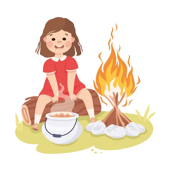 Little Girl Sitting on Log Near Campfire Smelling Broth in Boiling Cauldron Vector Illustration — Stock Vector