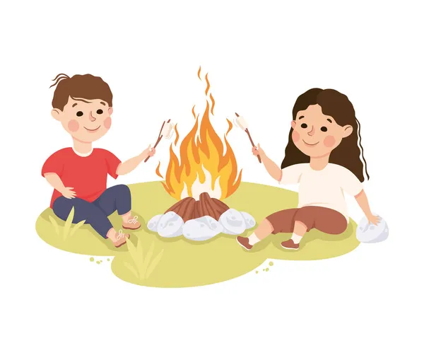 Little Boy and Girl Sitting Near Campfire Frying Marshmallow Vector Illustration — Stock Vector