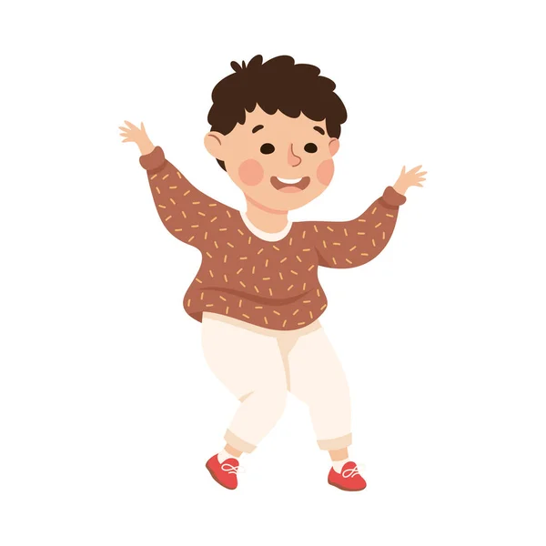 Happy Boy Jumping with Joy and Hands Up Cheering and Having Fun Vector Illustration — Stock Vector