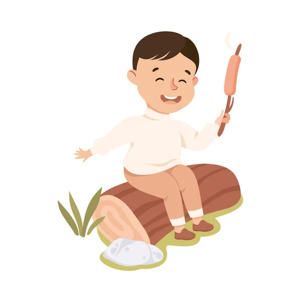 Little Boy Sitting on Log with Fried Sausage on Stick Vector Illustration — Stock Vector