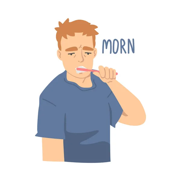 Pegawai Sleepy Office Brushing Teeth in the Morning as Day Routine Getting Ready for Work Vector Illustration - Stok Vektor