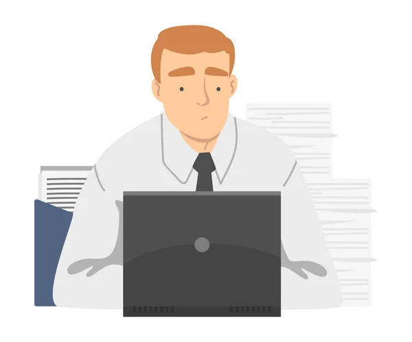 Pracownik biurowy w białej koszuli i krawat siedzi na laptopie Praca jako dzień rutynowa ilustracja wektor — Wektor stockowy