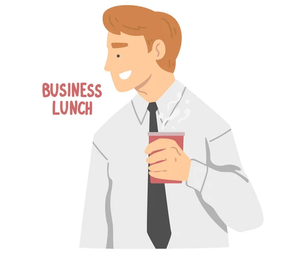 Uśmiechnięty pracownik biura z filiżanką kawy w porze lunchu o dzień rutynowa ilustracja wektor — Wektor stockowy