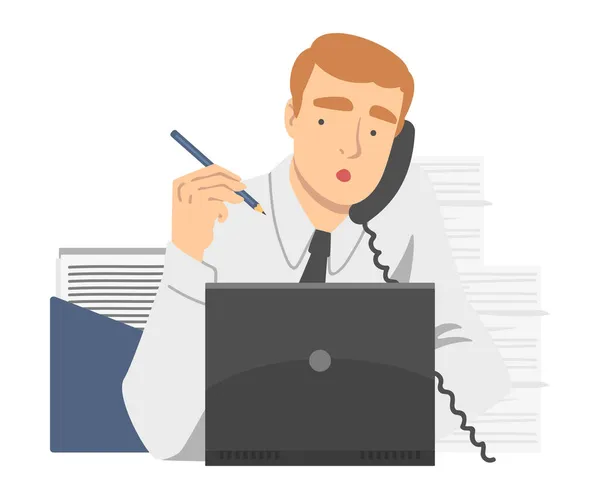 Pracownik biurowy w białej koszuli i krawat siedzi na laptopie Mówiąc przez telefon Praca jako dzień rutynowa ilustracja wektor — Wektor stockowy