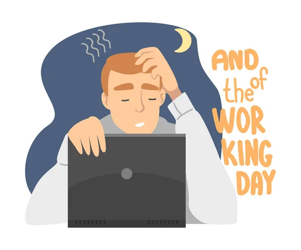 Zmęczony pracownik biurowy przed laptopem Praca na koniec lub dzień wektor ilustracji — Wektor stockowy