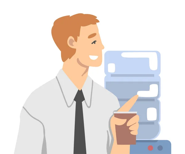 Uśmiechnięty pracownik biura z filiżanką kawy w porze lunchu o dzień rutynowa ilustracja wektor — Wektor stockowy