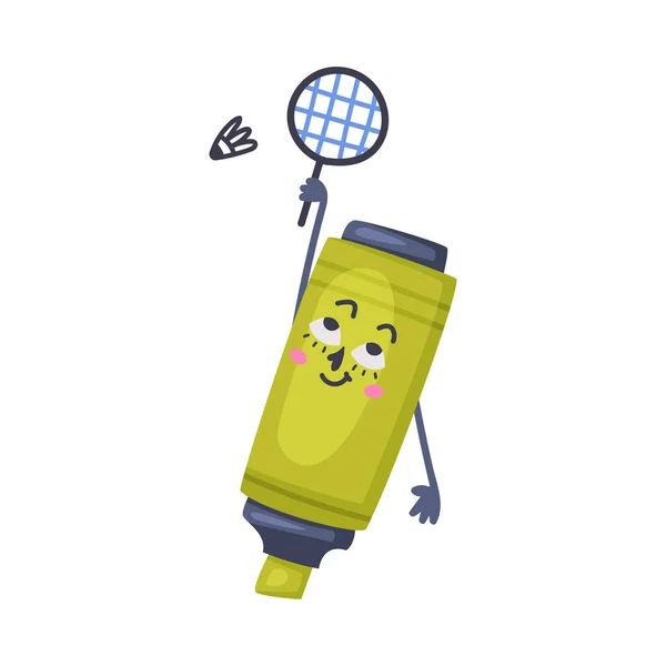 Amuzant Green Highlighter ca Office Supply personaj umanizat joc Badminton Vector Illustration — Vector de stoc