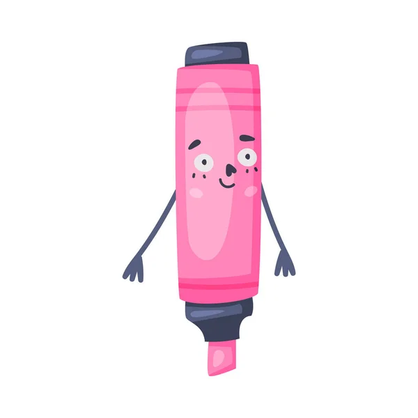 Funny Pink Highlighter ca birou de aprovizionare personaj umanizat cu braț Vector Illustration — Vector de stoc