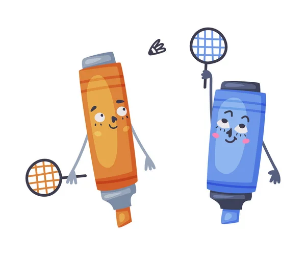 Amuzant albastru și portocaliu Highlighter ca Office Supply personaj umanizat joc Badminton Vector Illustration — Vector de stoc
