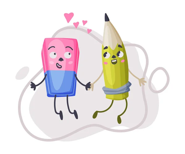 Zâmbind Eraser și creion în dragoste ca sursă de birou personaj umanizat care deține mâinile ilustrație vectorială — Vector de stoc