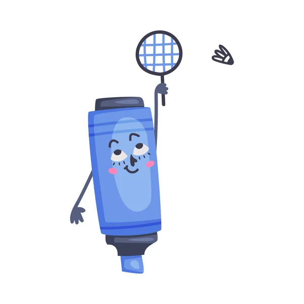 Funny Blue Highlighter ca birou de aprovizionare personaj umanizat joc Badminton Vector Illustration — Vector de stoc