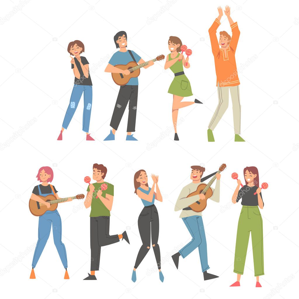 People Character Musician Conducting and Performing Music Playing Musical Instrument Vector Set