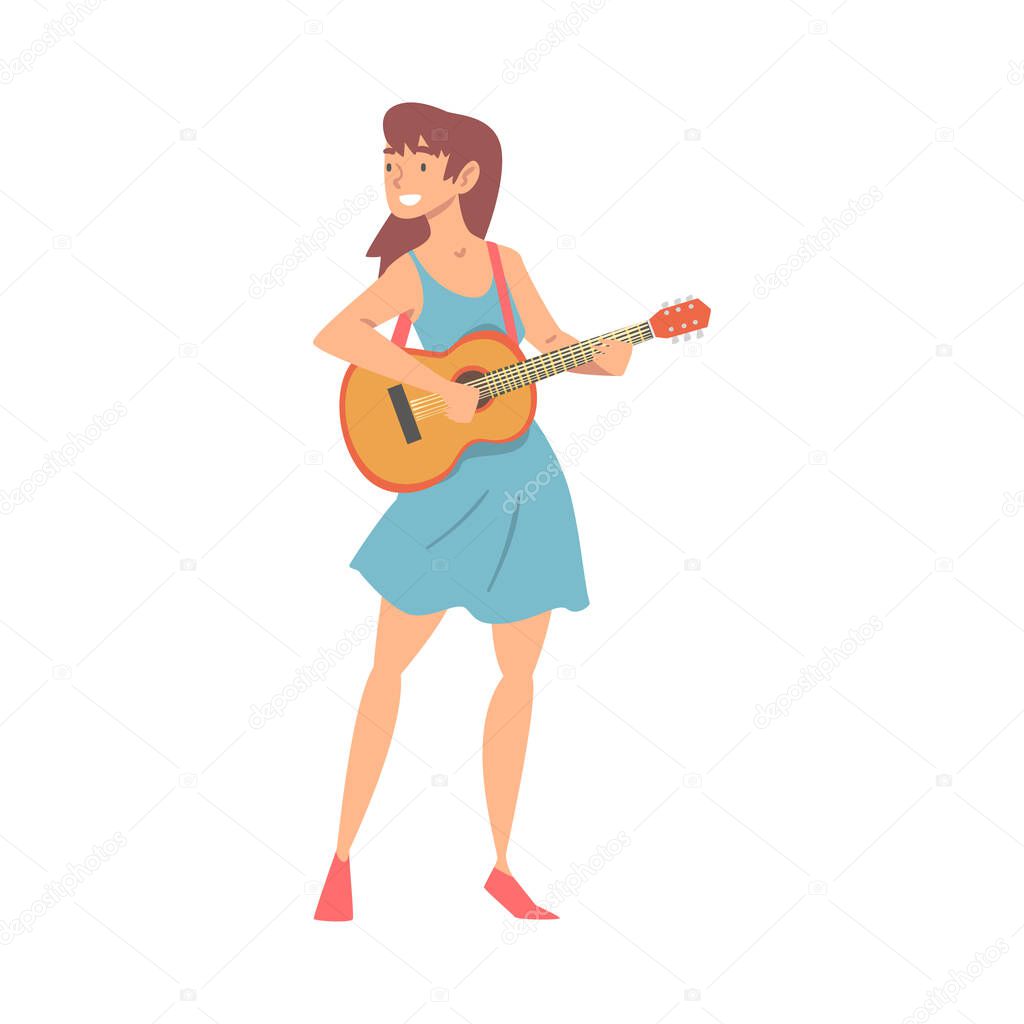 Smiling Woman Character Musician Performing Music Playing Guitar Vector Illustration