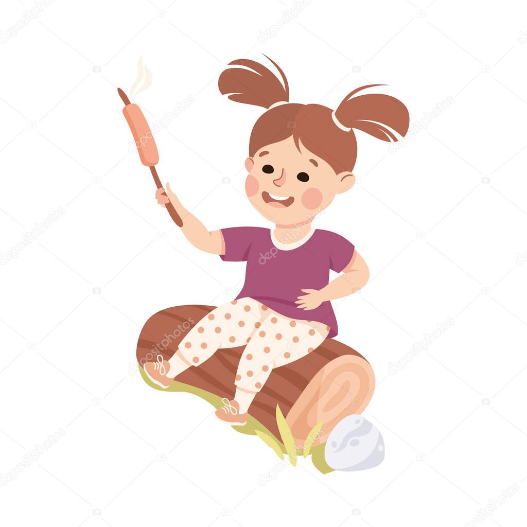 Little Girl with Ponytail Sitting on Log with Fried Sausage on Stick Vector Illustration