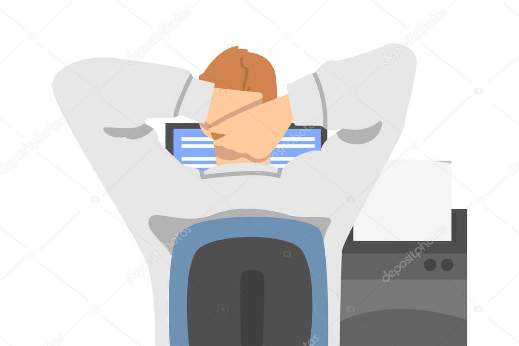 Office Employee in White Shirt Sitting at Laptop Working Having Day Routine Vector Illustration