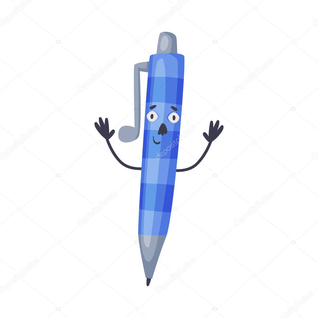Funny Blue Ballpoint Pen as Office Supply Humanized Character Vector Illustration