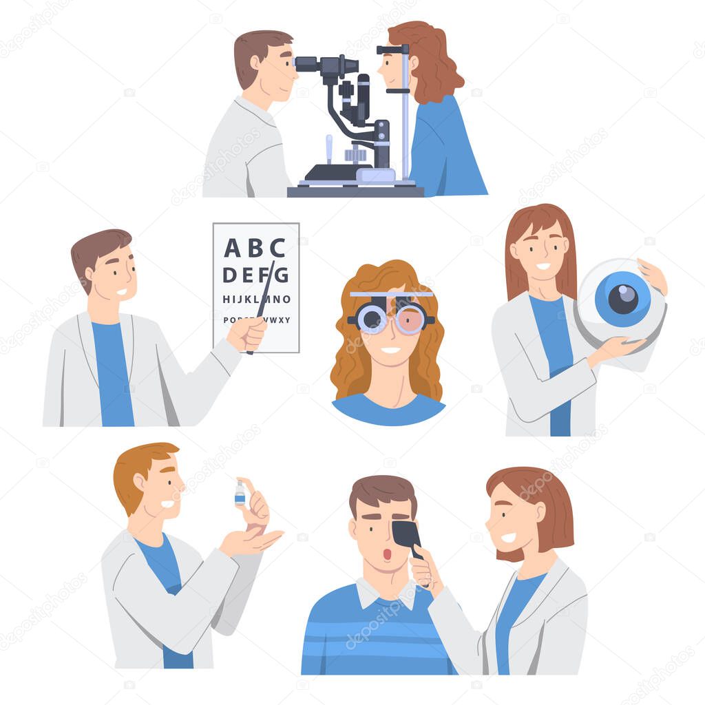 Ophthalmology with Health Care Professional Engaged in Eye Examination and Sight Test Vector Set