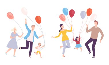 Anne ve Baba ile Aile Hafta Sonu Çocuklarla Yürüyüş Renkli Balon Vektörü Seti