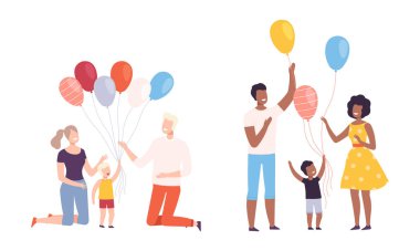 Anne ve Baba ile Aile Hafta Sonu Çocuklarla Yürüyüş Renkli Balon Vektörü Seti