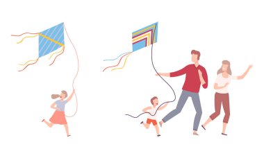 Çocuk Yürüyen Uçurtma Vektörü ile Mutlu Aile