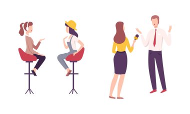 Kadın Gazeteci Halkla Röportaj Karakter Vektörü Seti