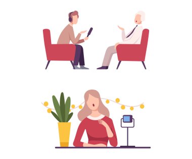 Erkek ve Kadın Gazeteci Halkla Röportaj Karakter Vektörü Seti