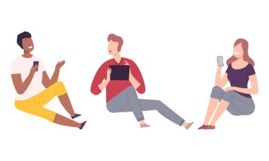 Dijital Gadget Oturma ve İletişim Vektörü Ayarlı Halk Karakteri