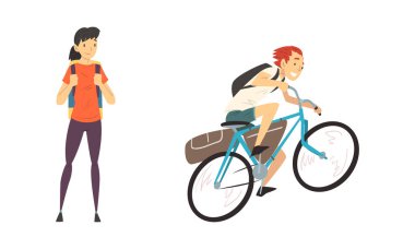 Sırt çantalı Genç Adam ve Kadın Gezgin Yürüyüş ve Bisiklet Sürücüsü Seti