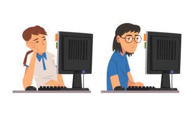 Ofis Vektörü Ayarında Bilgisayar Önündeki Yorgun Kadın Çalışma Düzenlemesi