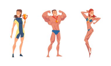 People Character Spor Şampiyonu ve Şampiyonu Ayakta Durma ve Bekleme Ödülü ve Ödül Vektörü Set