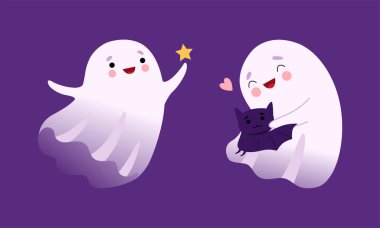 Gülümseyen yüzlü, Yarasayı kucaklayan ve Yıldız Vektör Kümesi 'ni tutan Sevimli Hayalet