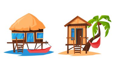 Plaj Küçük Evi ve Yığınlar Üzerinde Bungalov Eğimli Çatı Kum Vektörü Kümesine Dinlenmiş