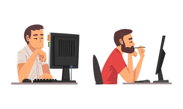 Hombre cansado delante de la pantalla de la computadora haciendo rutina de trabajo en el conjunto de vectores de oficina — Vector de stock