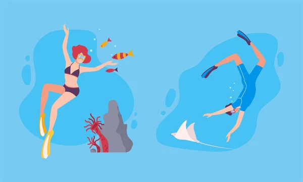 Young Man and Woman Character in Goggles and Flippers Sea Diving and Floating Underwater Vector Set — Stock Vector