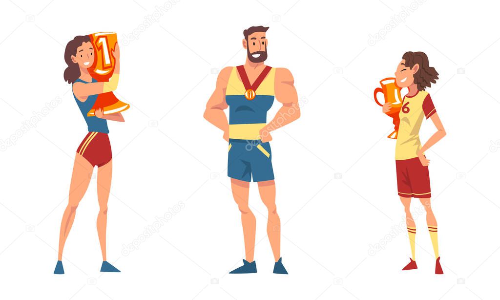 People Character Sport Winner and Champion Standing and Holding Award and Prize Vector Set