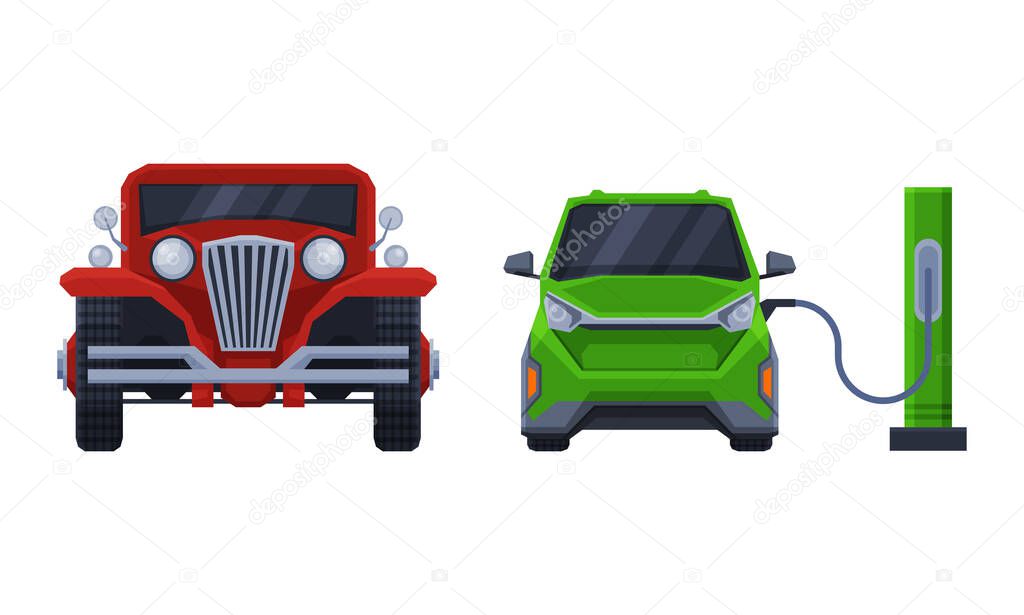 Car and Urban Transport as Road Traffic Front View Vector Set