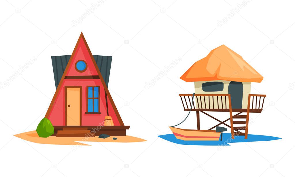 Beach Small House and Bungalow on Piles with Sloping Roof Rested on Sand Vector Set