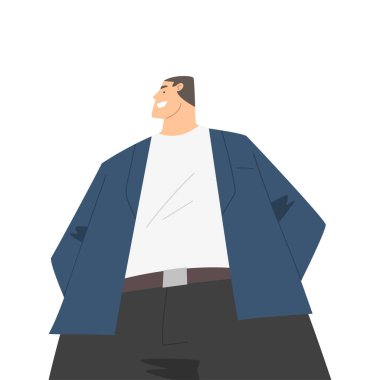 Resmi Takım Elbiseli Erkek Karakteri Durma ve Gülümseyen Perspektif Vektör Resimlemesi